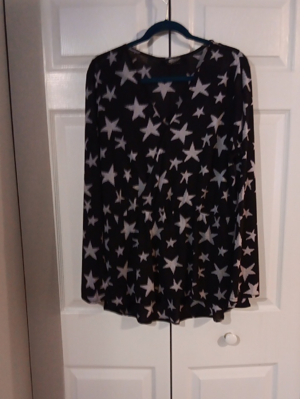 V-Neck Black With White Star Print Long Sleeve Blouse With Soft Peplum